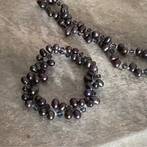 Crystal & Black Pearl Long Necklace Earrings & Stretch Bracelet